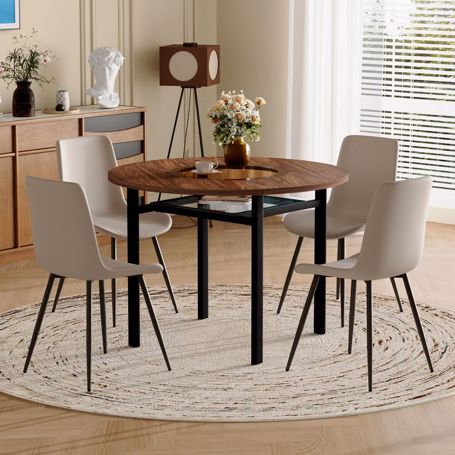 Set da tavolo, tavolo rotondo di 100 cm di diametro, aspetto legno, 2 poltrone in poliuretano, schienale curvo (marrone e nero, grigio caldo)