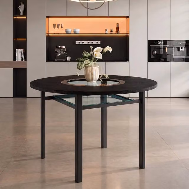 Tavolo da pranzo rotondo 100 cm in MDF nero con inserto in vetro e struttura in metallo per 2 4 persone