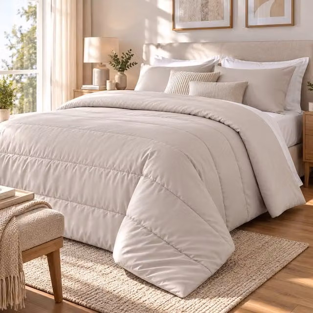 Trapunta invernale Warm Hugs in microfibra reversibile colore sabbia/beige per una piazza e mezza