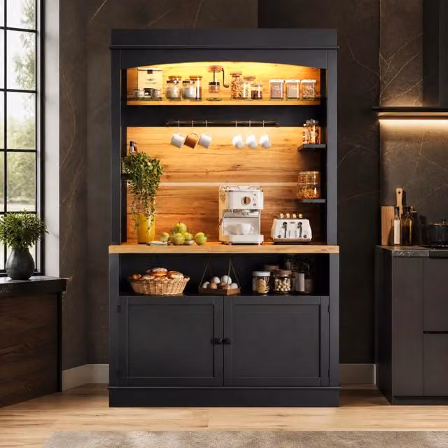 Mobile cucina alto 107x43x184 cm con LED, ripiani aperti e anta nera