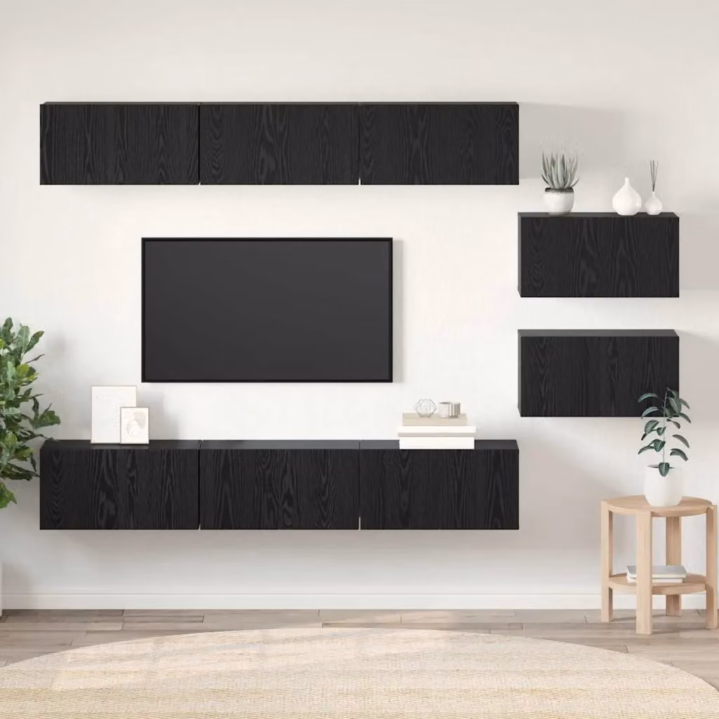 Set mobile TV moderno vidaXL da 8 pezzi in legno MDF color rovere e nero, montaggio a parete, L: 60 cm, P: 30 cm, H: 35 cm – 1