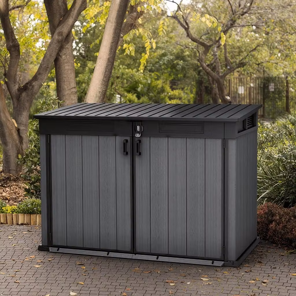 Armadio da giardino Keter Cortina Mega in resina grigia con finitura effetto legno e 2 ante per deposito attrezzi L: 190,5 cm, P: 132,5 cm, H: 109,3 cm – 2