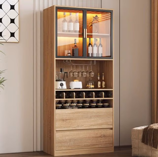 Mobile vetrina con ante in vetro; illuminazione LED a 3 colori; struttura in MDF naturale