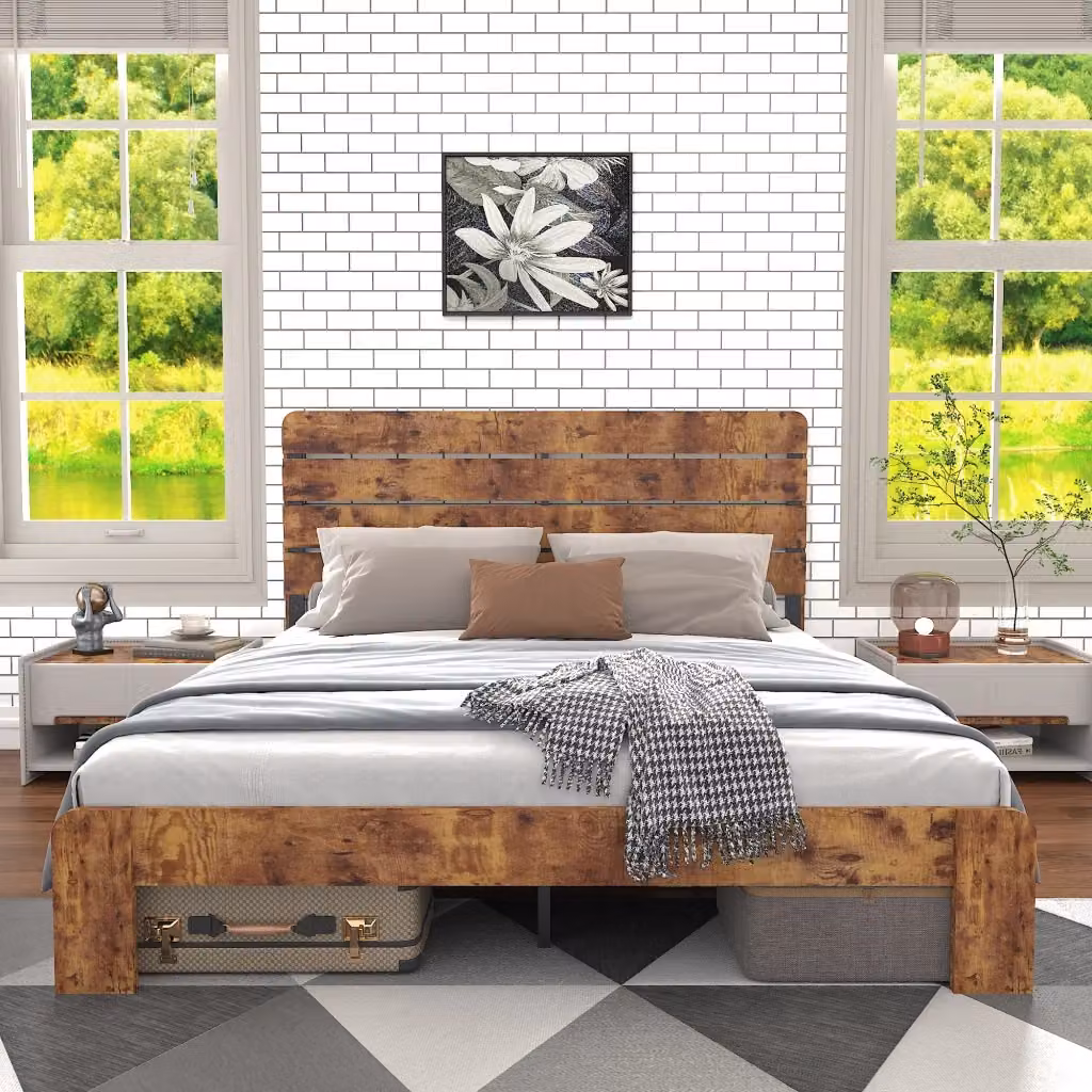Letto matrimoniale OKWISH moderno in marrone con testiera in tessuto e struttura in legno, metallo e MDF, L/P: 140 x 200 cm – 2