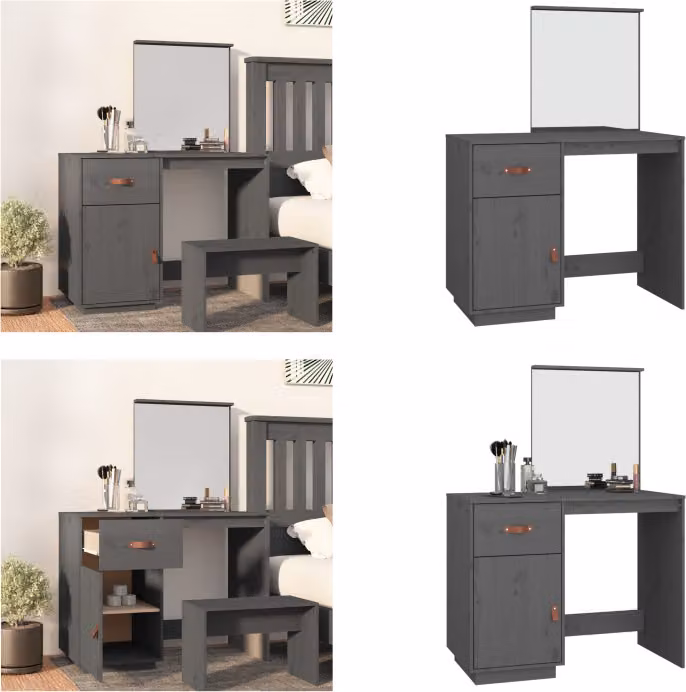 vidaXL Tavolo da toilette grigio 95x50x134 cm in legno di pino massiccio - Tavolo da toilette - Tavolo da trucco - Tavolo per cosmetici - Tavolo da toilette