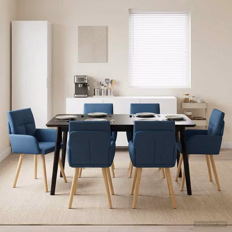 Set di 6 sedie da pranzo vidaXL in tessuto blu con struttura in legno e metallo, L: 60 cm, P: 56 cm, H: 93 cm