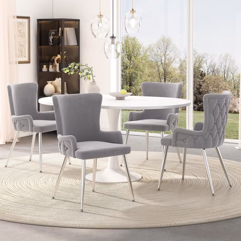 Abrihome set di 4 sedie per sala da pranzo in velluto, sedia da cucina imbottita con gambe di supporto in metallo, grigio