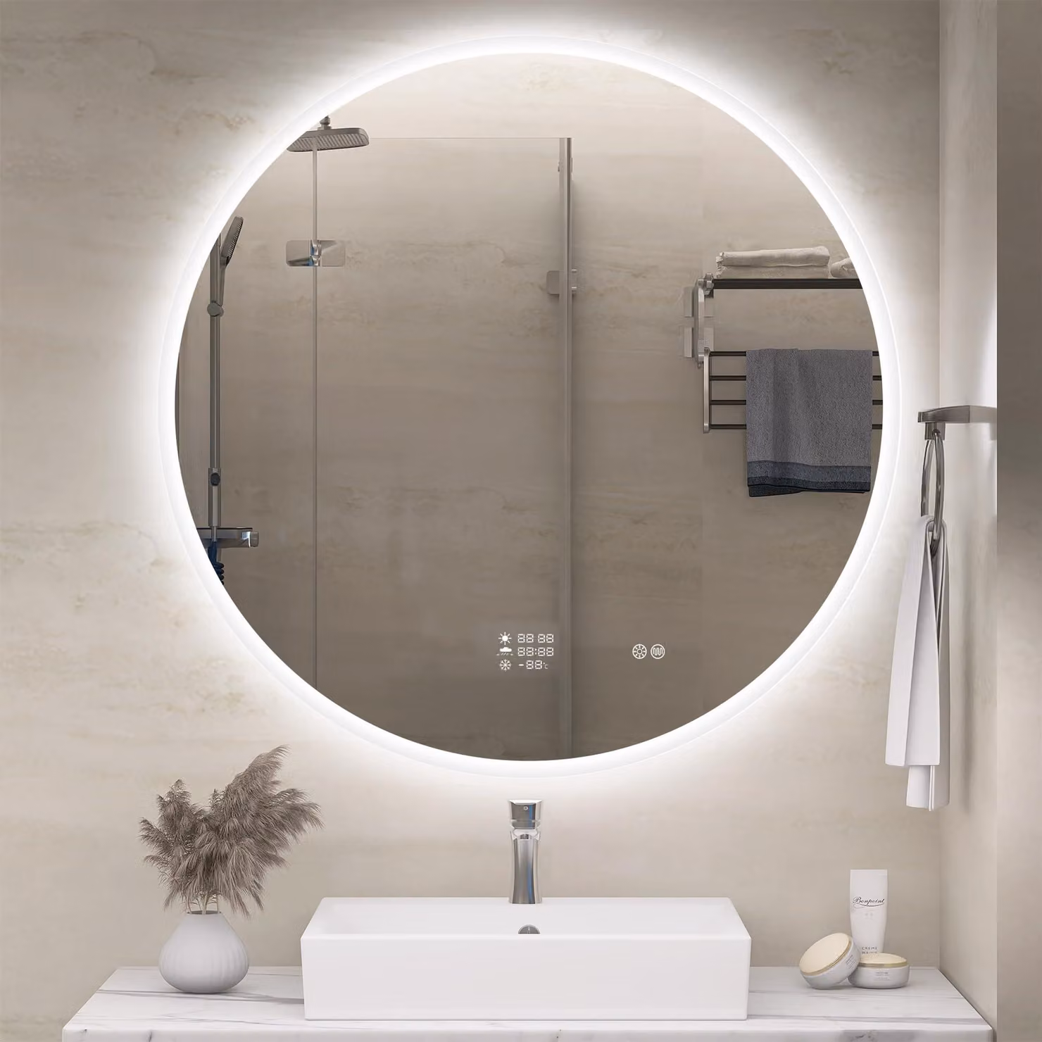 Specchio da bagno LED rotondo, diametro 100 cm, con funzione di dimmerazione, 3 colori, Bluetooth, orologio integrato, grado di protezione IP44