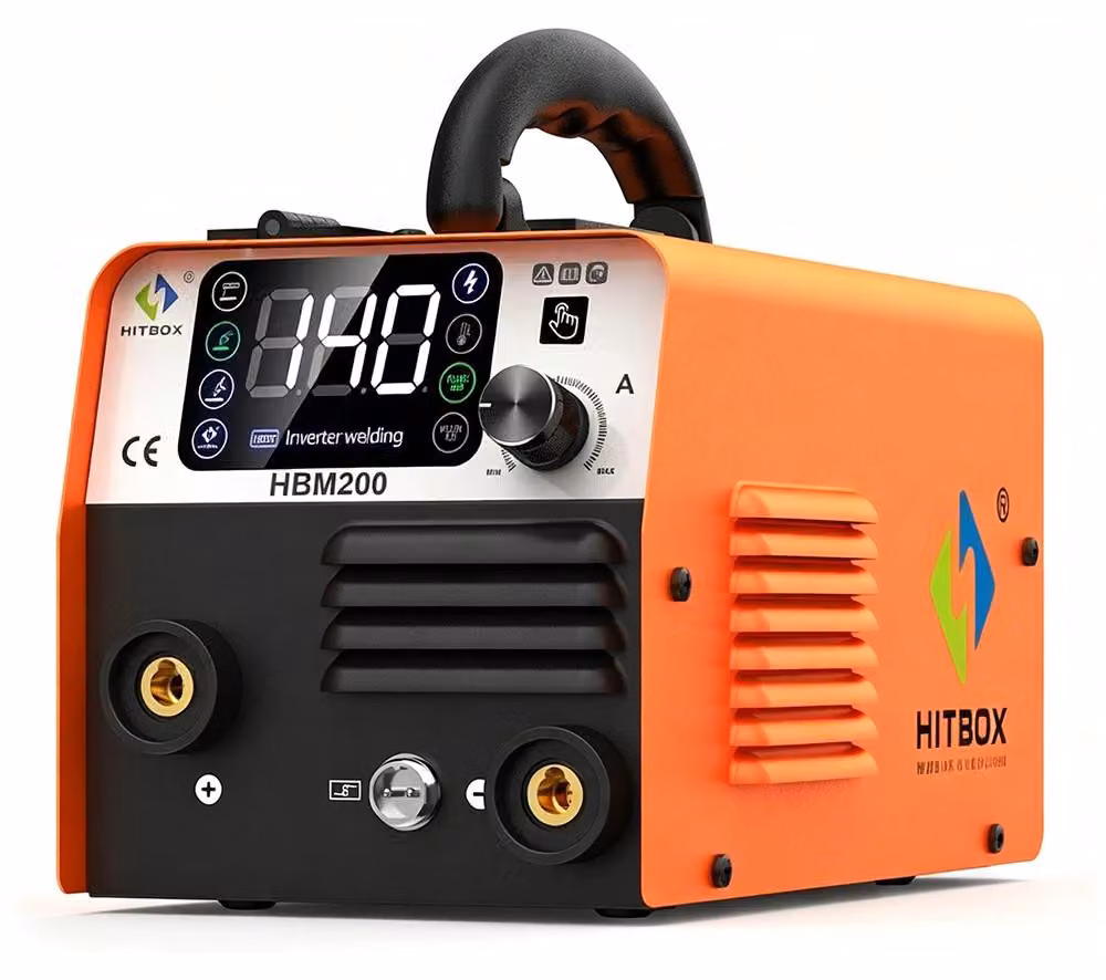 Saldatrice multifunzione HBM200 3-in-1: MIG senza gas, MMA, TIG Lift. Amperaggio: 20–120 A. Tensione: 220–240 V. Spina europea. Portatile