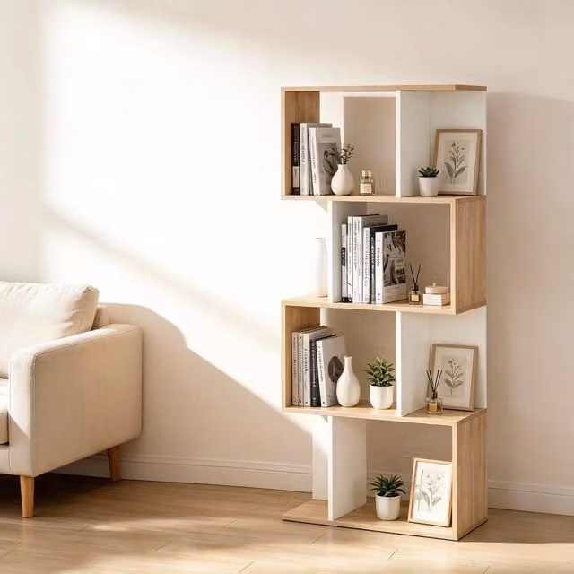 Libreria a S 60x24x148 cm in truciolare naturale e bianco, per ufficio –
