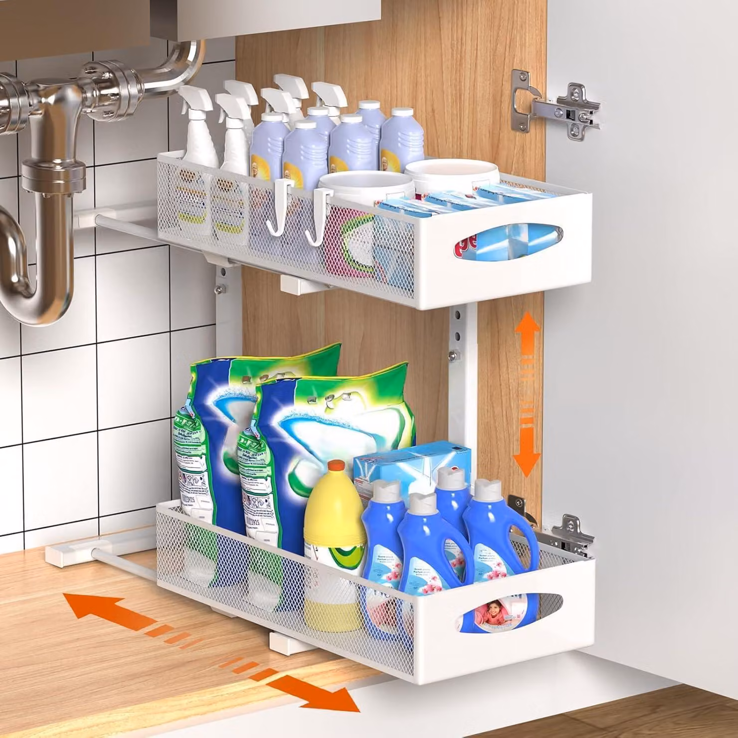 Organizzatore estraibile per lavello, 2 ripiani, metallo, bianco, 22 cm di larghezza