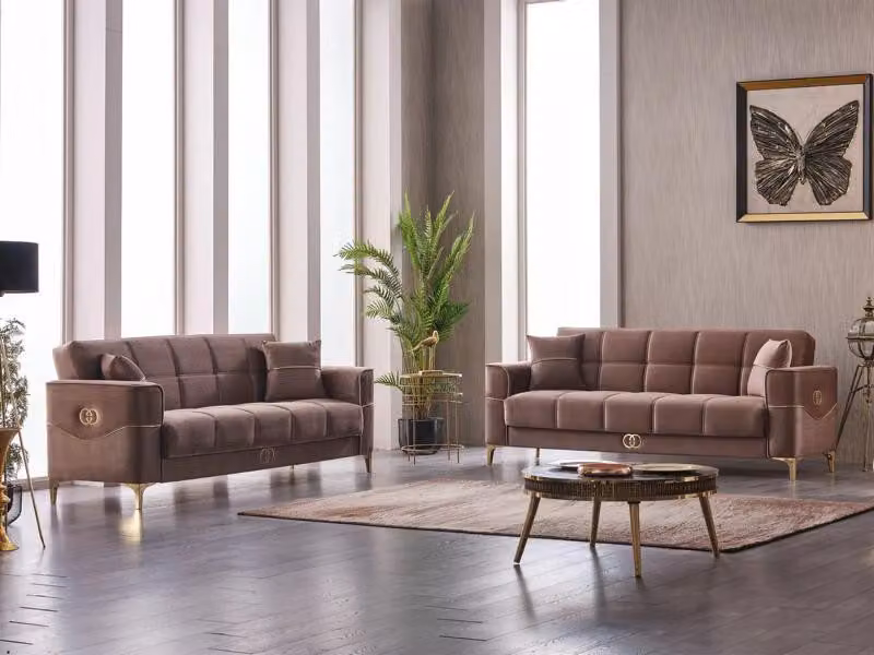 Komplette Dreisitzer Couch Polstersofa Stoff 3 Sitzer Sofa Braun 2tlg
