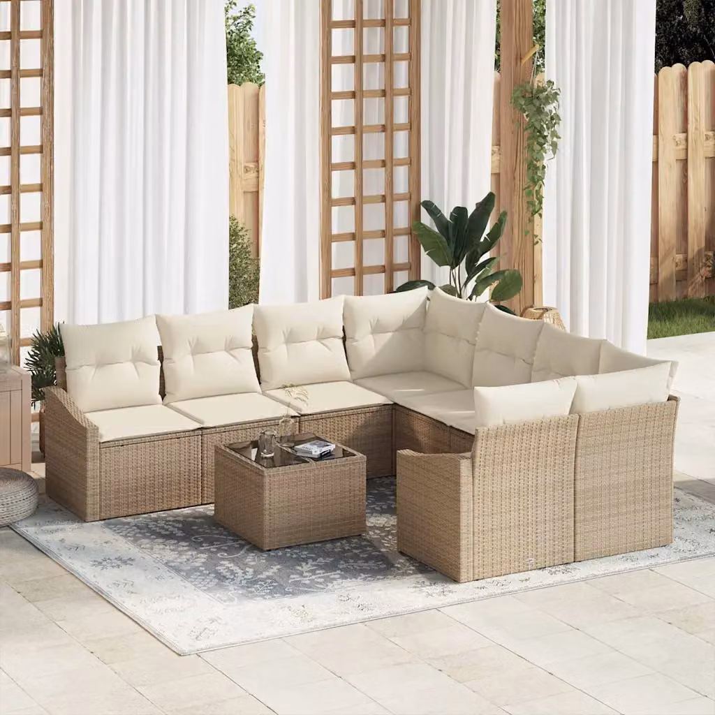 Set di divani da giardino vidaXL in polyrattan beige con cuscini, composto da 9 pezzi con tavolino e divani da esterno – 1