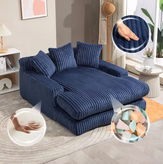 Chaise longue in velluto a coste 125x155x63 cm con 3 cuscini; blu navy