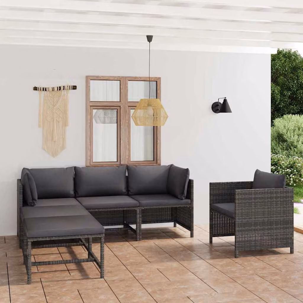 vidaXL Set Divani da Giardino 6 pz a Forma a L con Cuscini in Polyrattan e Struttura in Metallo Antracite – 1
