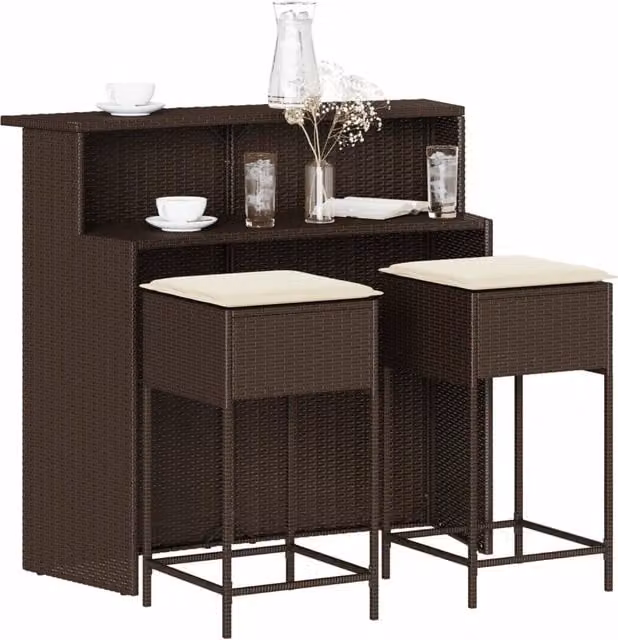 Set Bar da Giardino 3 pz con Cuscini in Polyrattan Marrone 3261484