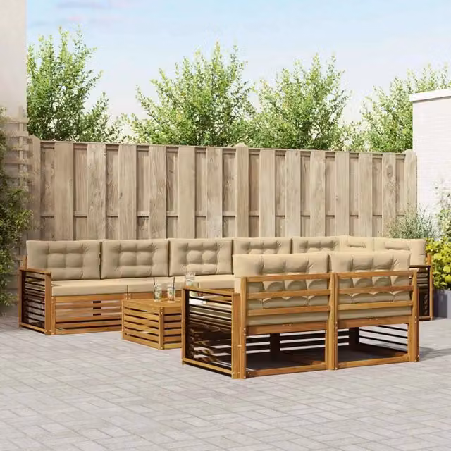 Set di divani da esterno vidaXL a forma di L in legno di acacia con cuscini beige e tavolino da giardino