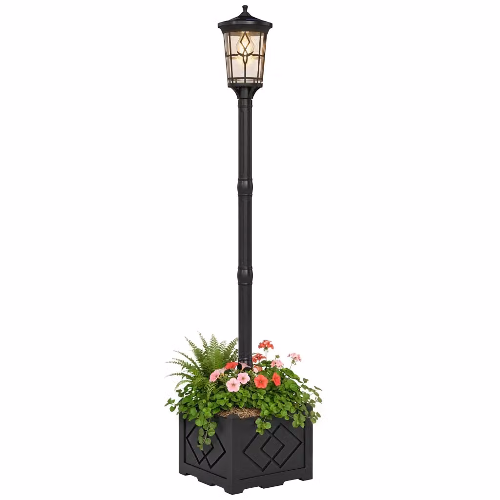Lampione Solare da Giardino con Fioriera XYLO Nero con LED Luce Bianca Calda e Sensore Crepuscolare IP44 – 2