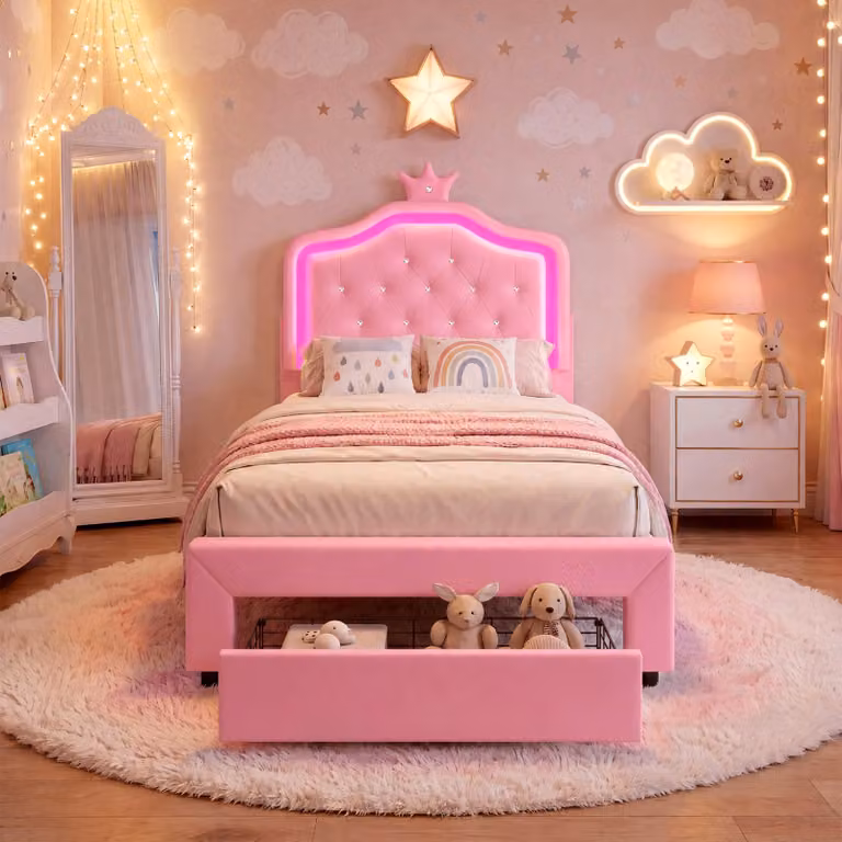Letto per bambini 90x200 cm con illuminazione LED, struttura imbottita in poliuretano con testiera a forma di , dotato di cassetti, rete a doghe inclusa, letto in legno per bambini e adolescenti