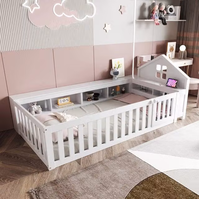Letto bambino-Xylo-90x200 cm-finestra, contenitore, barriera, porta, sicurezza, bianco
