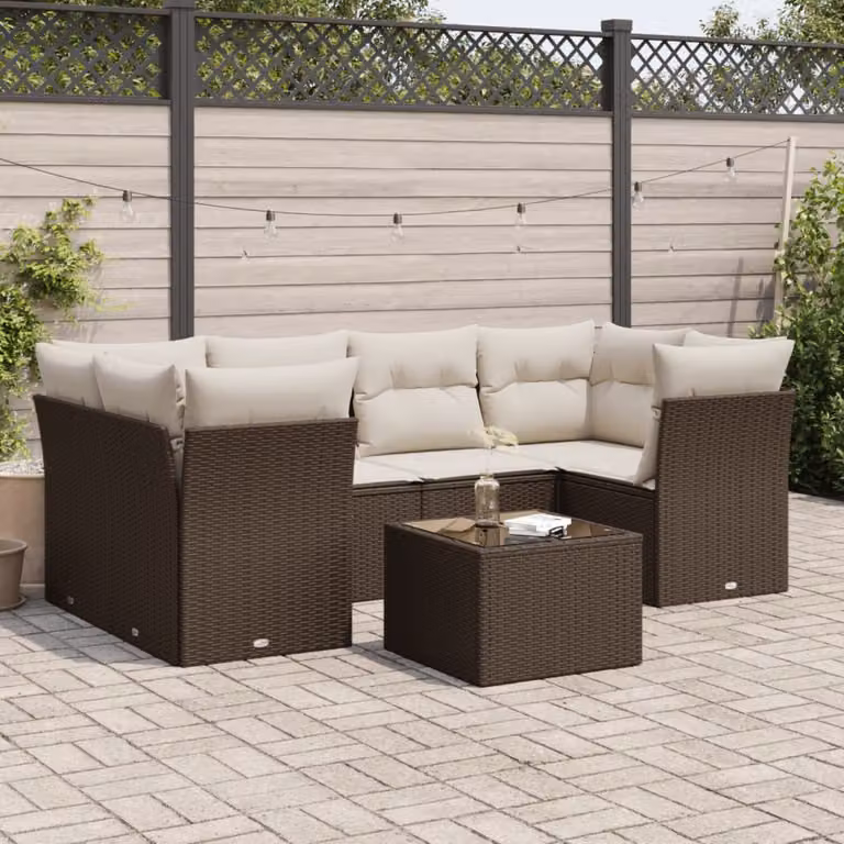 Set Divani da Giardino vidaXL 7 pz a Forma a L con Tavolino in Polyrattan Marrone e Bianco e Cuscini Inclusi