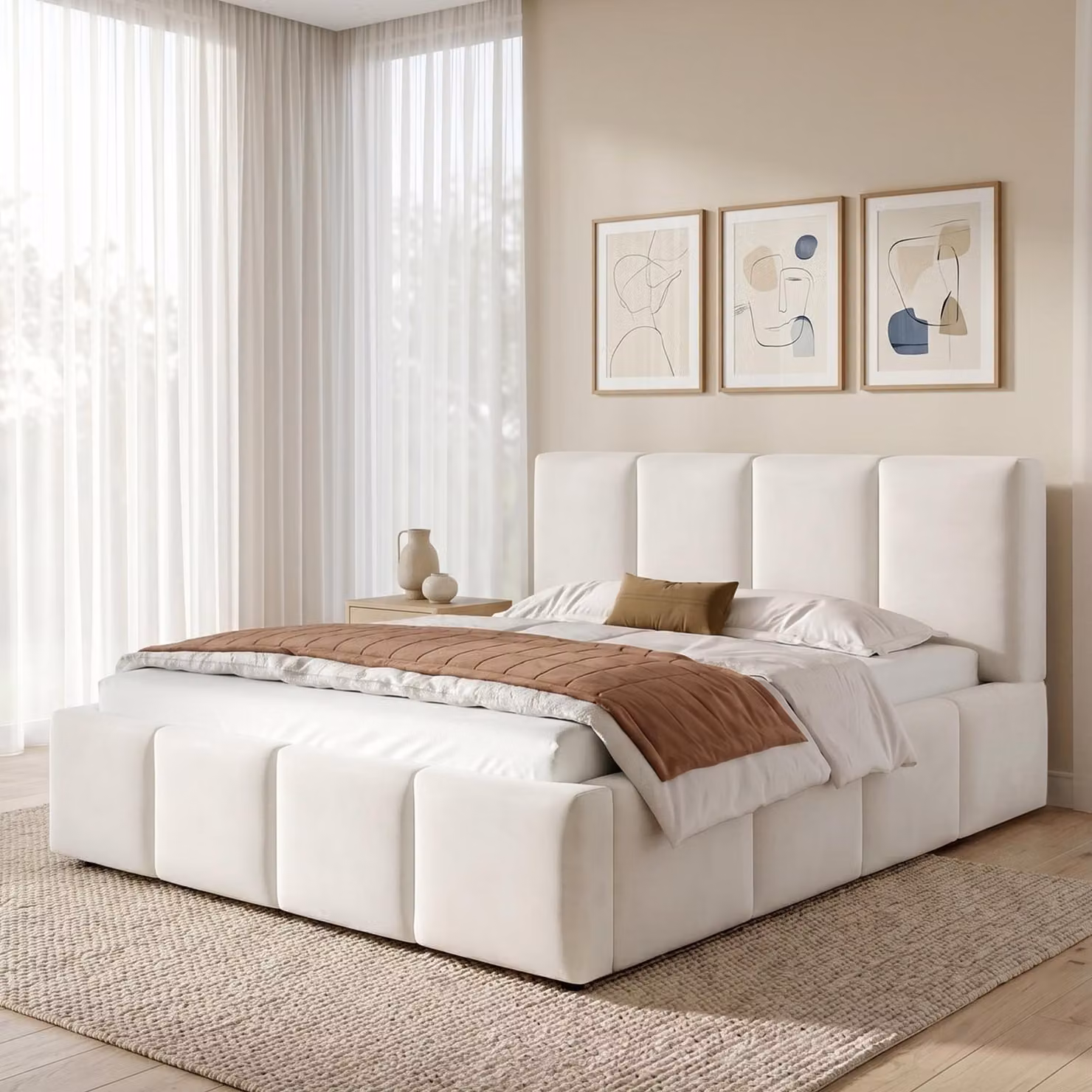 Letto imbottito Flieks 180x200 cm con testiera imbottita, letto matrimoniale in legno con rete a doghe, letto per ragazzi, modello classico, ciniglia, beige