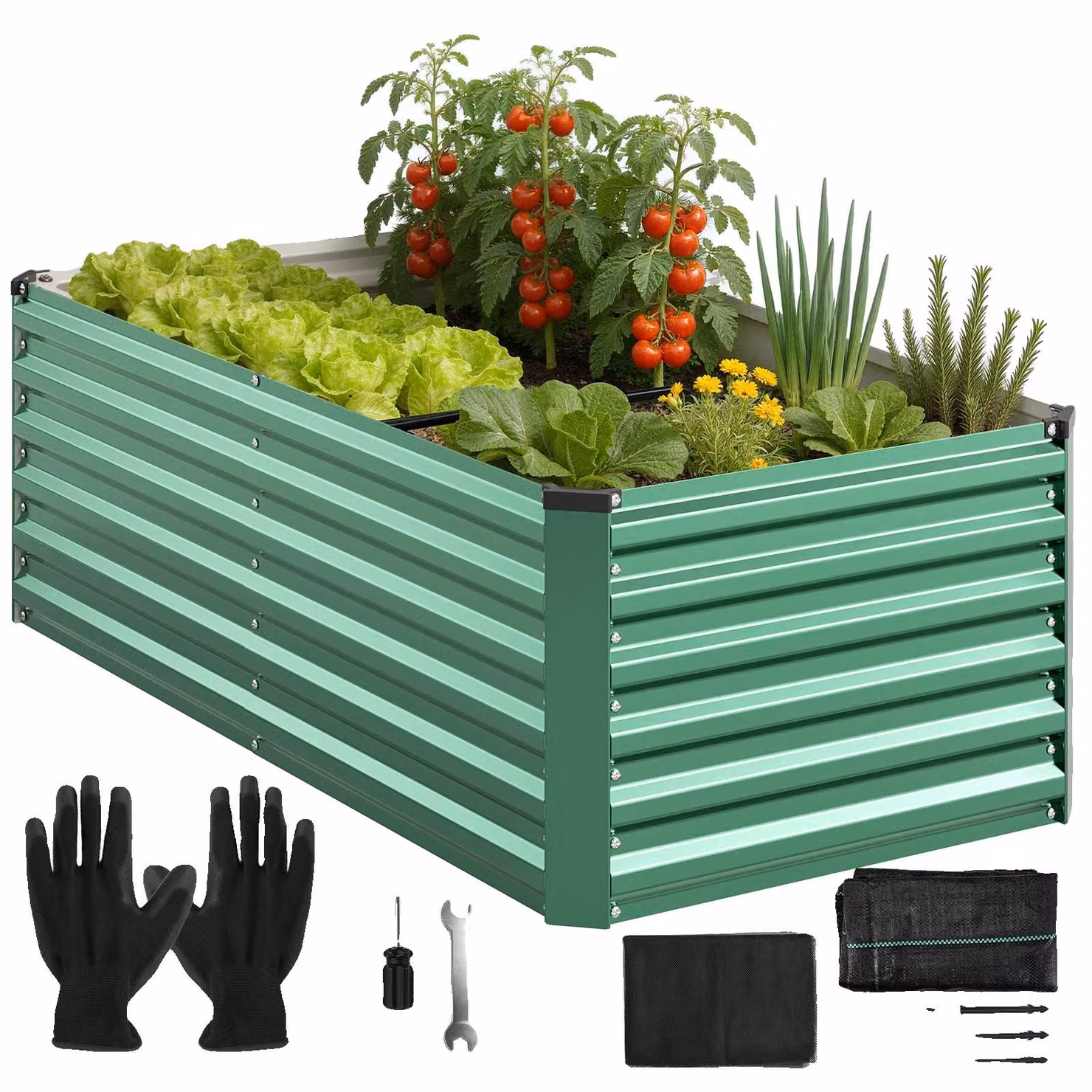 Aiuola rialzata, realizzata in acciaio zincato, alluminio e magnesio, dimensioni 240 cm x 90 cm x 60 cm, superficie di coltivazione 2,16 m², include supporti, design aperto sul fondo