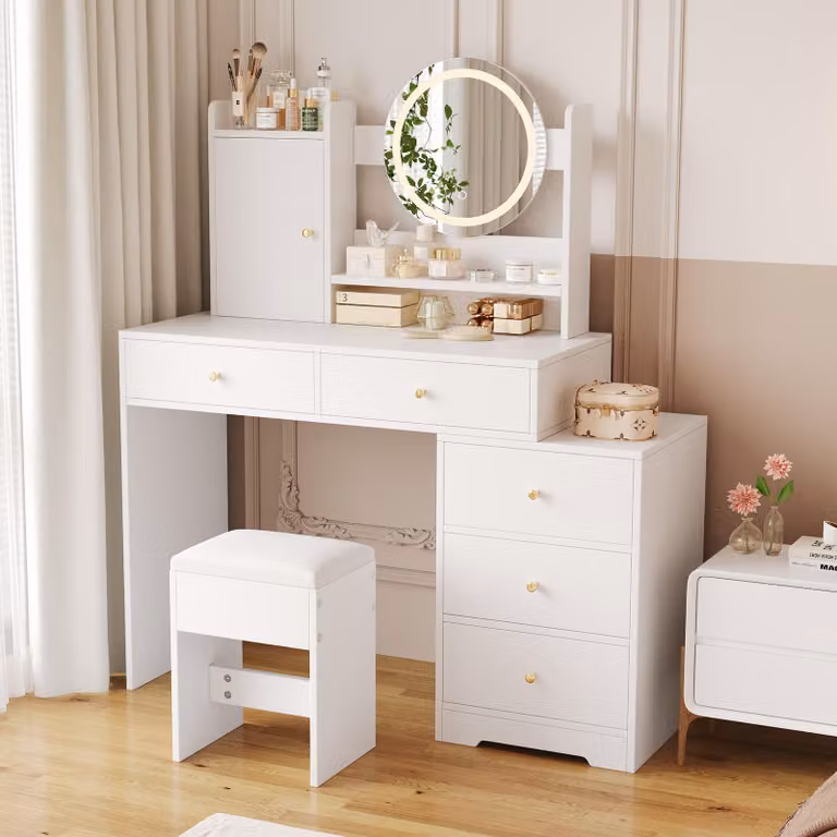 Merax, tavolo da toilette con specchio, illuminazione LED, luminosità regolabile, cassettiera per il trucco con 5 cassetti, sgabello, tavolo cosmetico, bianco