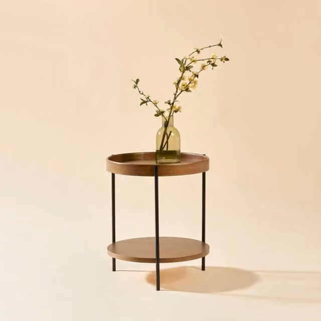 Tavolino rotondo 44x44x48 cm noce, design a 2 livelli, in legno, MDF e metallo