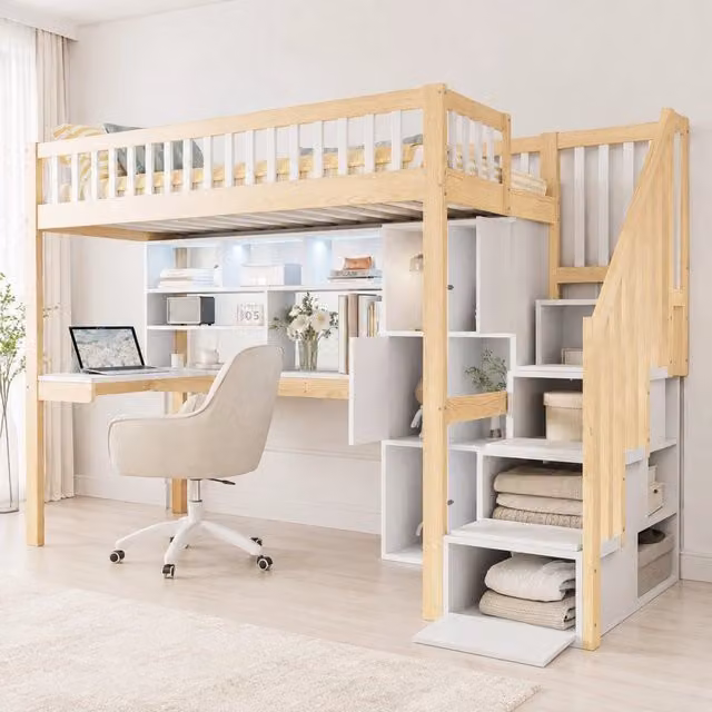 Letto a soppalco 90x200 cm con LED; scrivania; scala contenitore; ripiani; bianco e naturale