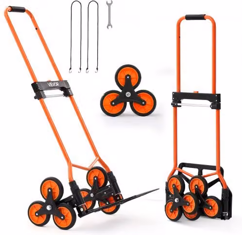 VEVOR Carrello Portapacchi per Scale Pieghevole in Acciaio Arancione con Maniglia Telescopica e 6 Ruote, Capacità di Carico 54 kg