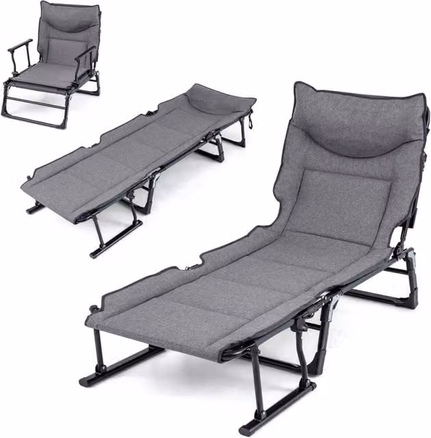 Sedia a sdraio pieghevole con schienale reclinabile in 6 posizioni e poggiatesta ergonomico, letto da esterno in metallo grigio, L 180 x P 66,5 x H 38 cm