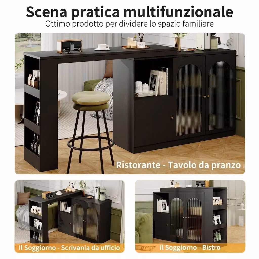 Mobile bar moderno Vovees Living nero con piano girevole a 360 gradi e anta in vetro in MDF, L: 120 cm – 2