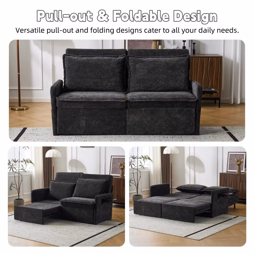 Divano letto Mivray in velluto nero con funzione letto, schienale regolabile e ricarica USB – 2