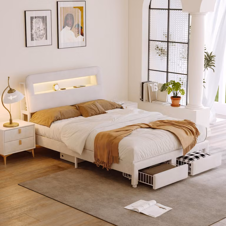 Letto matrimoniale 160x200 cm in velluto beige, testata con contenitore, porte di ricarica USB, illuminazione LED integrata, 2 cassetti portaoggetti