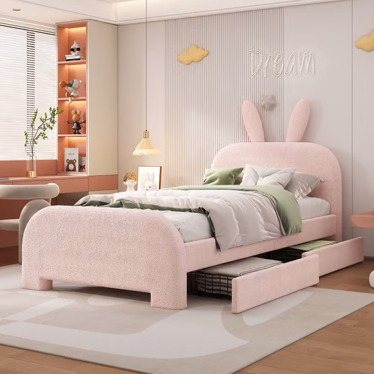 Letto per bambini Merax 90×200 cm con rete a doghe e due cassetti, letto a piattaforma imbottito con testiera a forma di coniglio, letto per ragazzi in Lana, rosa