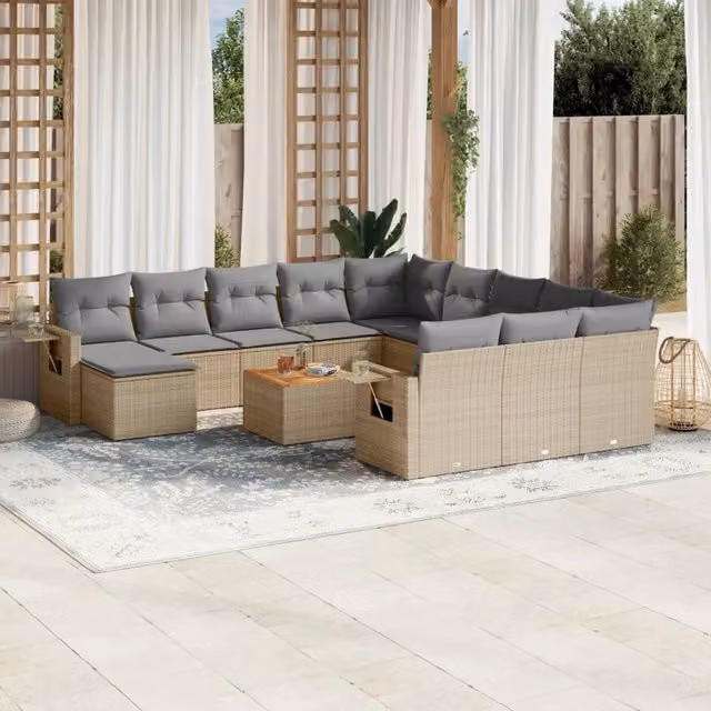 Set Divano da Giardino vidaXL in Polyrattan 13 Pezzi con Cuscini Beige e Grigio a Forma di U per Terrazza e Balcone – 1
