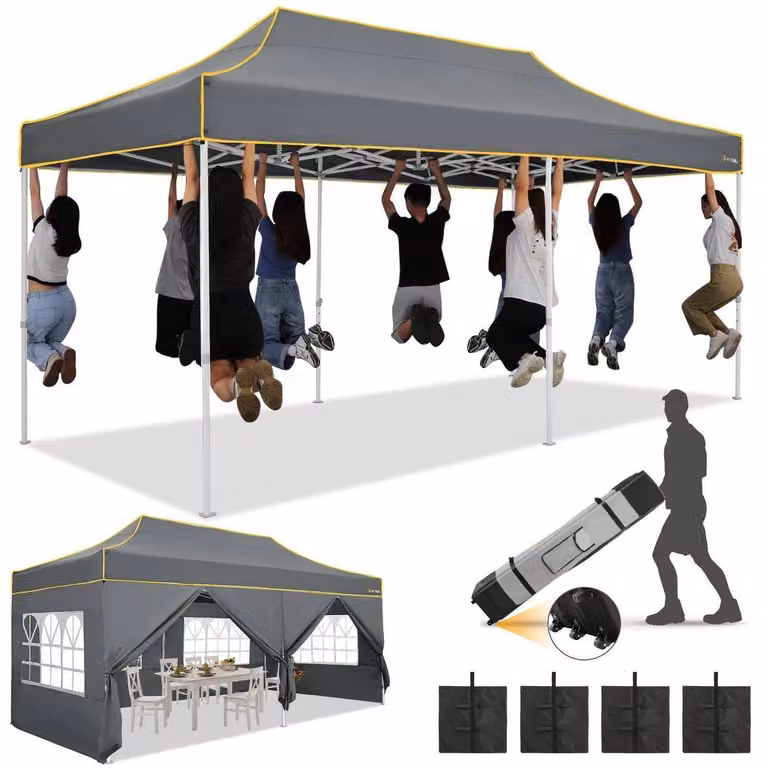 Gazebo da esterno 3x6 metri, impermeabile, con protezione UV 50+, colore grigio, completo di 6 pannelli laterali e borsa per il trasporto
