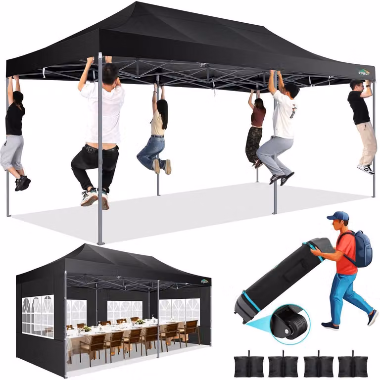 Padiglione pop-up 3x6 metri, robusto, 100% impermeabile, con 6 pareti laterali, altezza regolabile, colore nero, completo di borsa per il trasporto