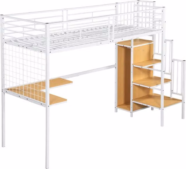 Letto a soppalco per bambini e ragazzi in ferro e pannelli truciolari, con armadio e scrivania, 90x200 cm, bianco e naturale