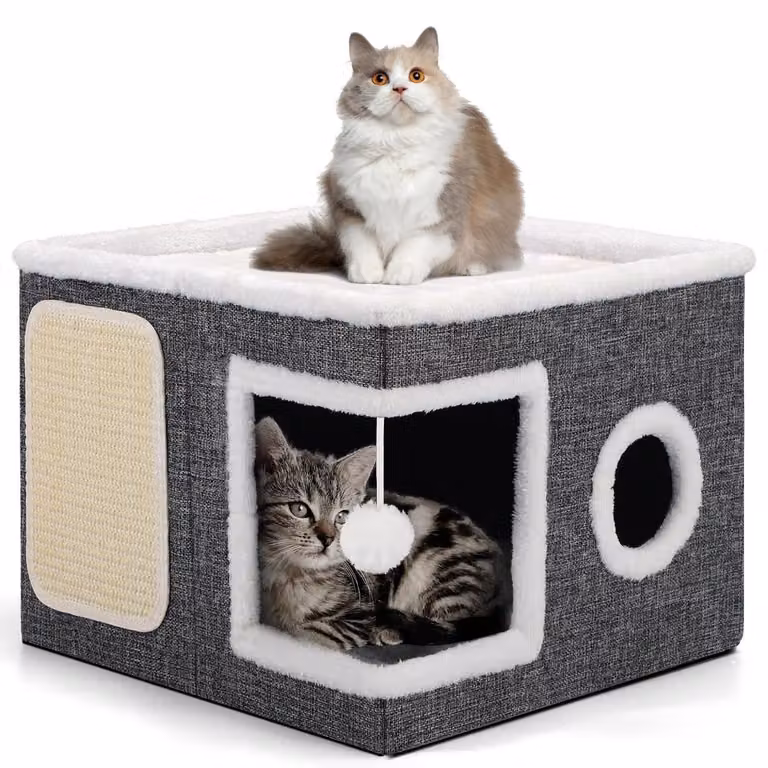 Cuccia pieghevole per gatti, grigia, a due piani, dimensioni 43x43x32 cm, con tiragraffi e pallina giocattolo