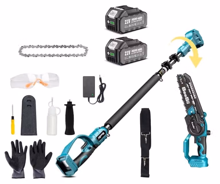 Troncatrice a batteria per potatura, catena da 20 cm, prolunga da 3 metri, 2 batterie da 4,0 Ah, ideale per la potatura degli alberi
