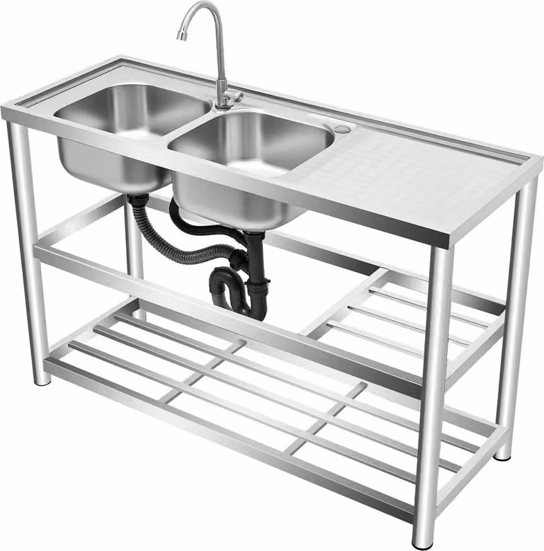 Lavello da cucina - Doppia vasca in acciaio inossidabile, 120 cm - Con rubinetto - Realizzazione rinforzata - Capacità di carico 100 kg - Scarico anti-odore - Argento