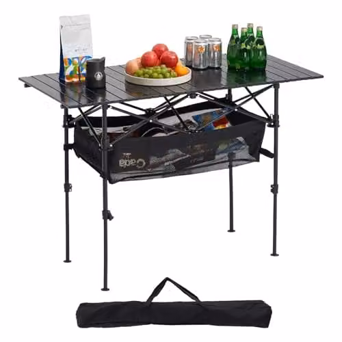 VEVOR Tavolo da Campeggio Pieghevole, Tavolo da Spiaggia in Alluminio Leggero con Altezza Regolabile, Ampia Borsa Portaoggetti e Borsa per Trasporto, per Barbecue all'Aperto, Picnic, Viaggi, Nero
