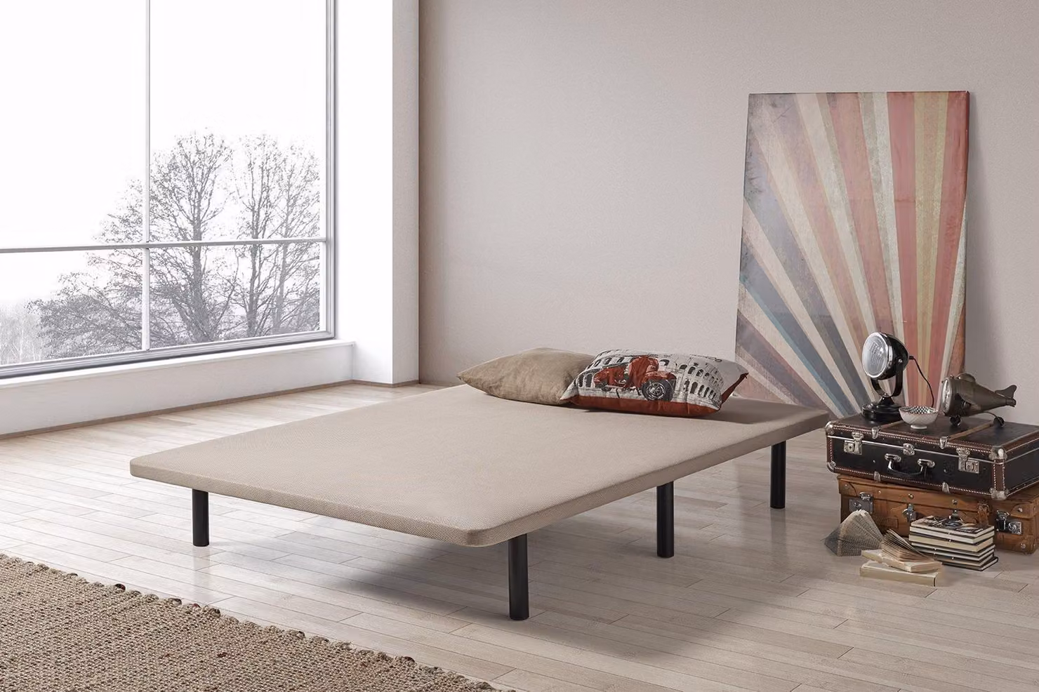 Letto imbottito, dimensioni 90x190 cm, color beige, tessuto 3D, con 6 gambe