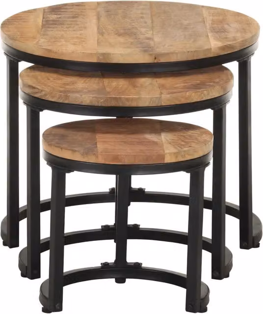 Set di 3 tavolini laterali vidaXL in legno di mango grezzo e metallo, stile industriale, colore marrone – 1