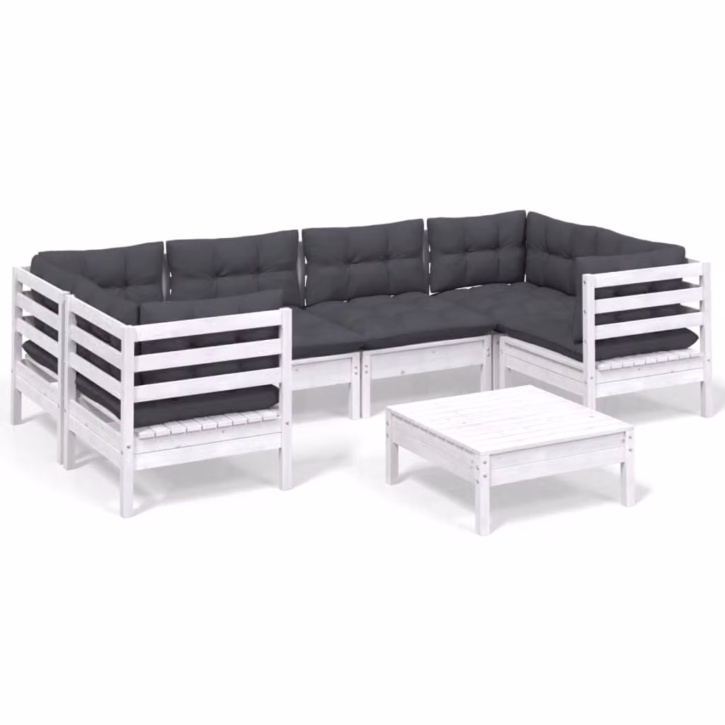 Set Divani da Giardino 7 pz con Cuscini Bianchi Legno di Pino