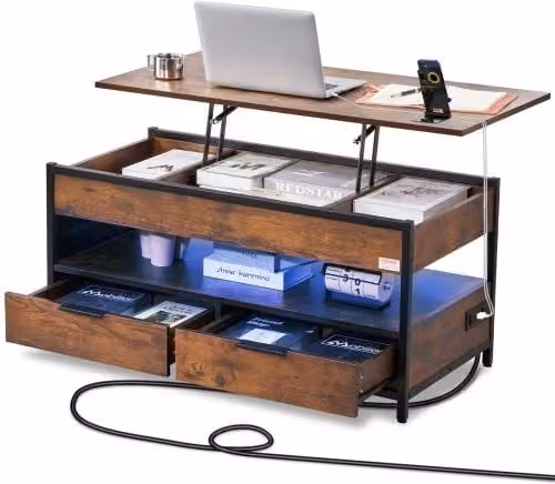 VEVOR Tavolino Rettangolare con Piano Sollevabile e Pieghevole, Tavolino da Soggiorno o Ufficio con Cassetti e Materiale MDF Laminato, Marrone