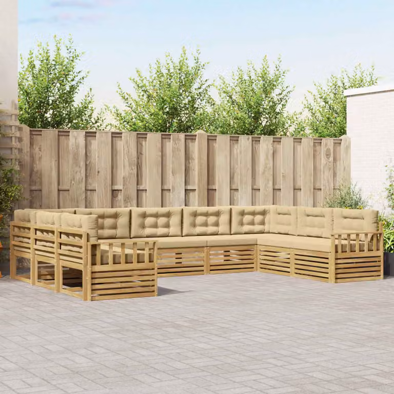vidaXL Set di divani da esterno a L in legno di acacia con cuscini, 9 pezzi, Bianco e Beige