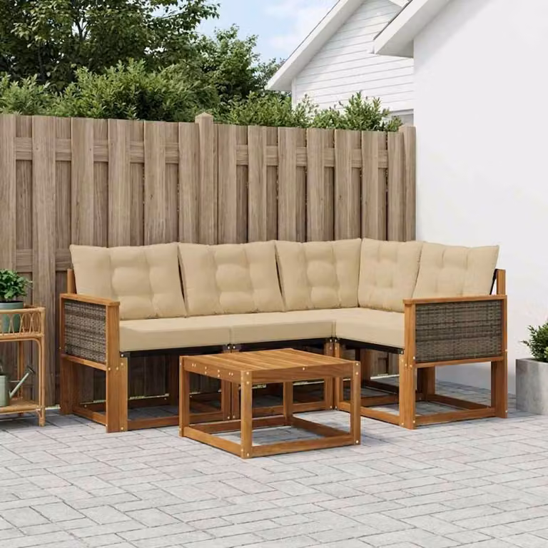 Set di divani da esterno vidaXL a forma di L in legno di acacia con tavolo da caffè, colore beige e marrone